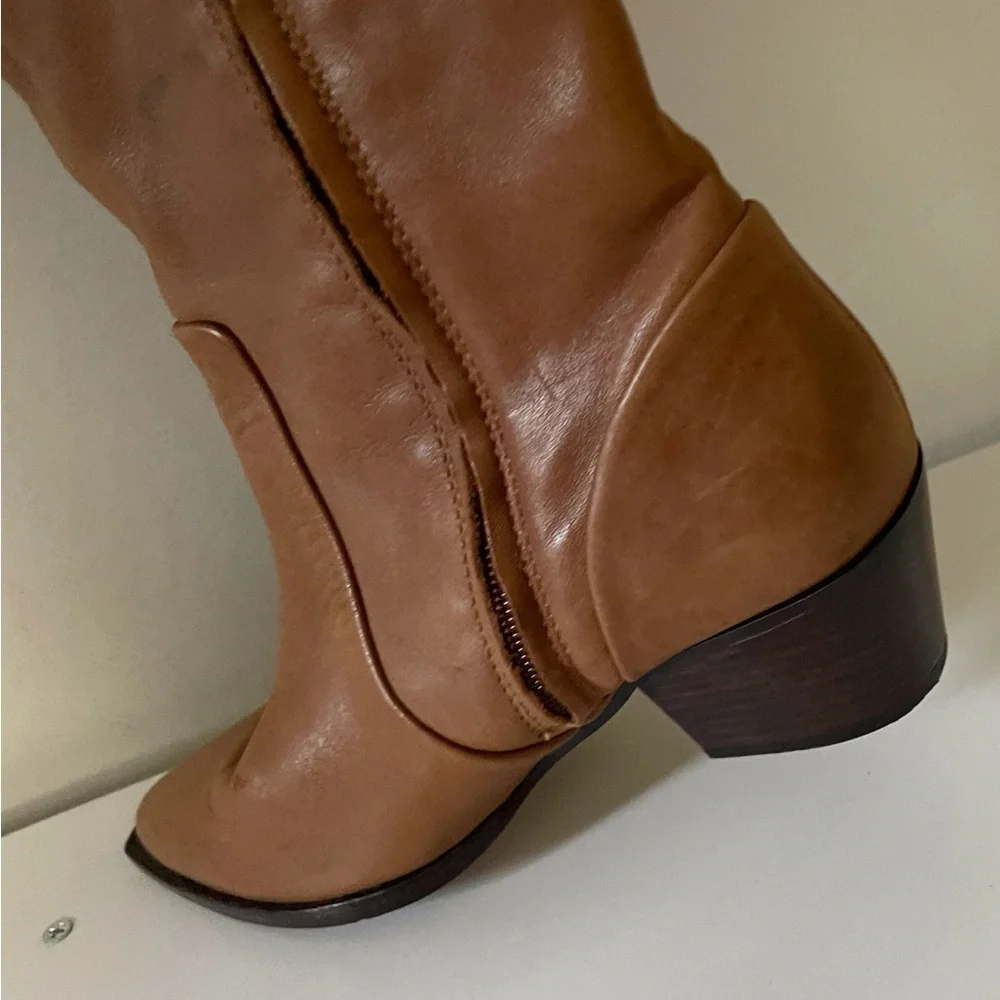 Aldo Tan Brown Over the Knee Leather Boots Almond Toe Chic Casual Festival